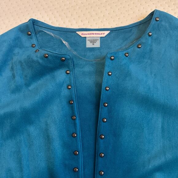Allison Daley Teal Blue FRINGE Studded Open Front Jacket Faux Suede size 18 - Picture 5 of 6
